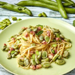 linguine con fave e pancetta